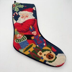 Vtg Handmade Sferra Wool Needlepoint Santa Christmas Stocking Toys Holly Bear